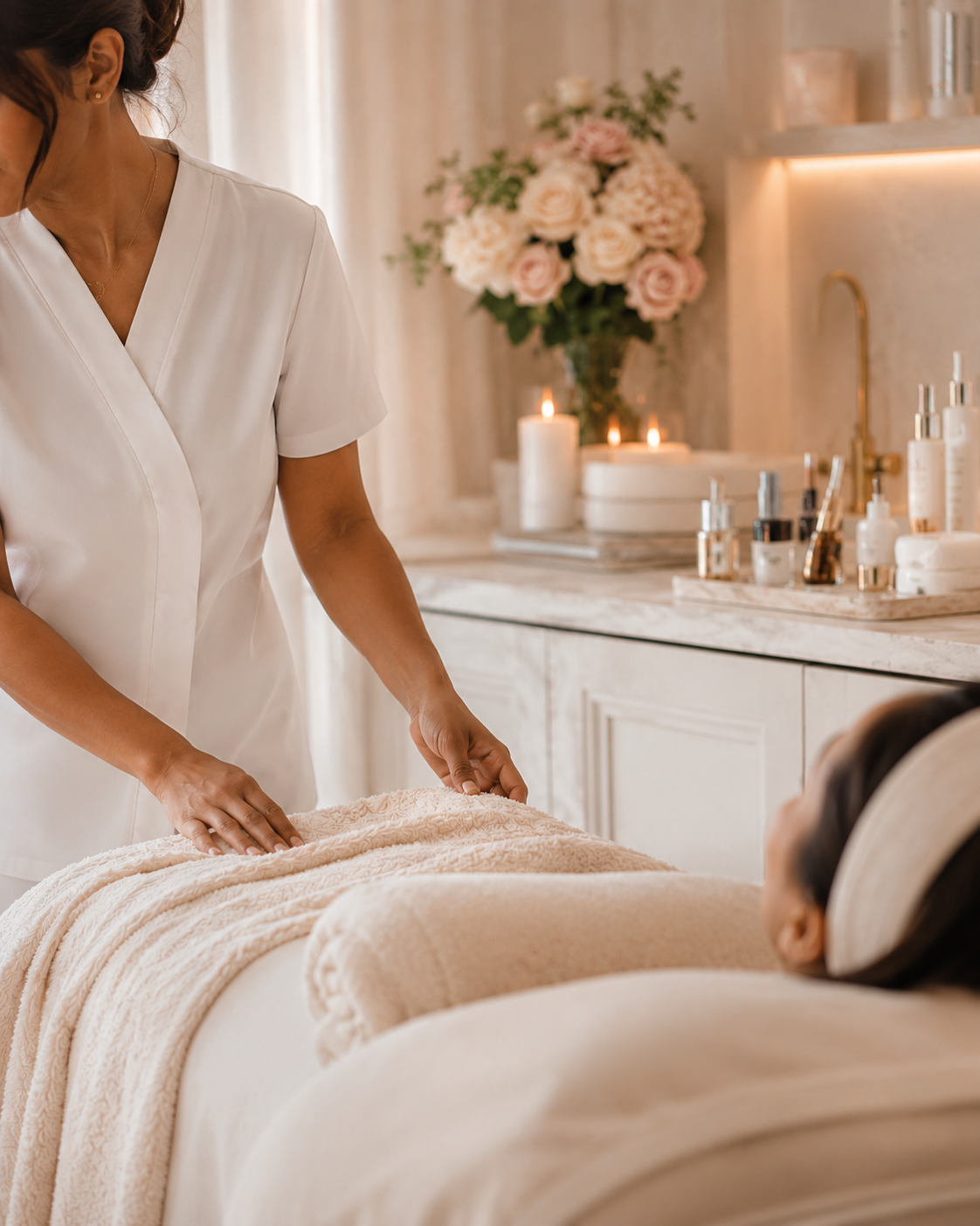 Rhea working with a client at Rhea Aesthetics in a calm, premium clinic setting.