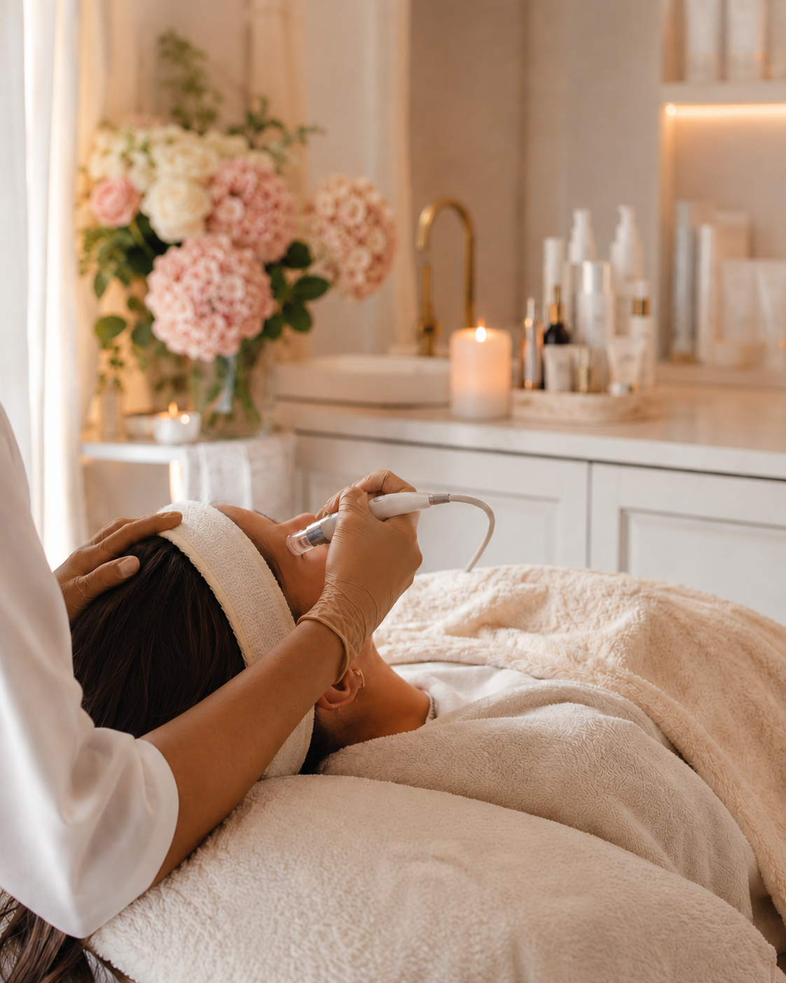 Aesthetic treatment at Rhea Aesthetics — calm, luxurious clinic setting.